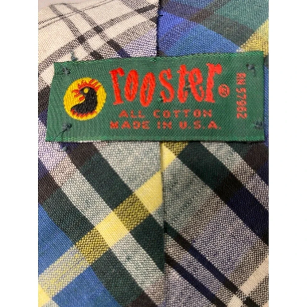 Rooster‎ Mens Neck Tie Blue White Plaid Adjustable Cotton